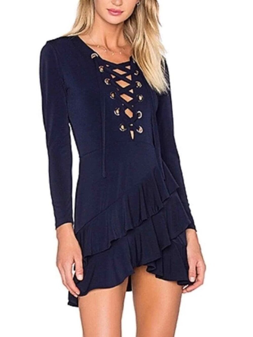 NBD Naomi Navy Lace-Up Ruffle Mini Dress Size M